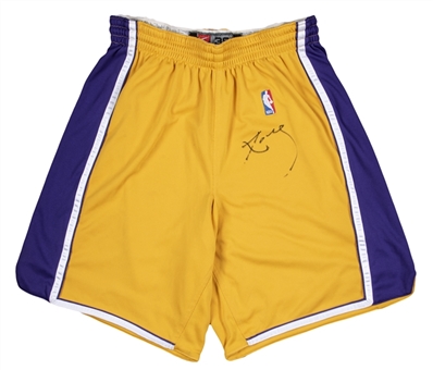 1999-00 Kobe Bryant Game Used and Signed Los Angeles Lakers Home Shorts From his First NBA Championship Season! (MEARS & JSA)